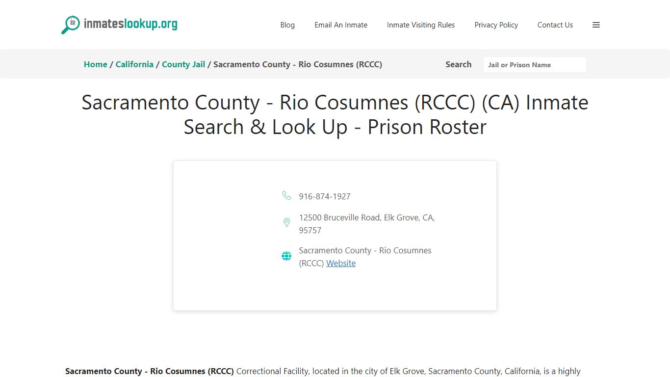 Sacramento County - Rio Cosumnes (RCCC) (CA) Inmate Search & Look Up ...